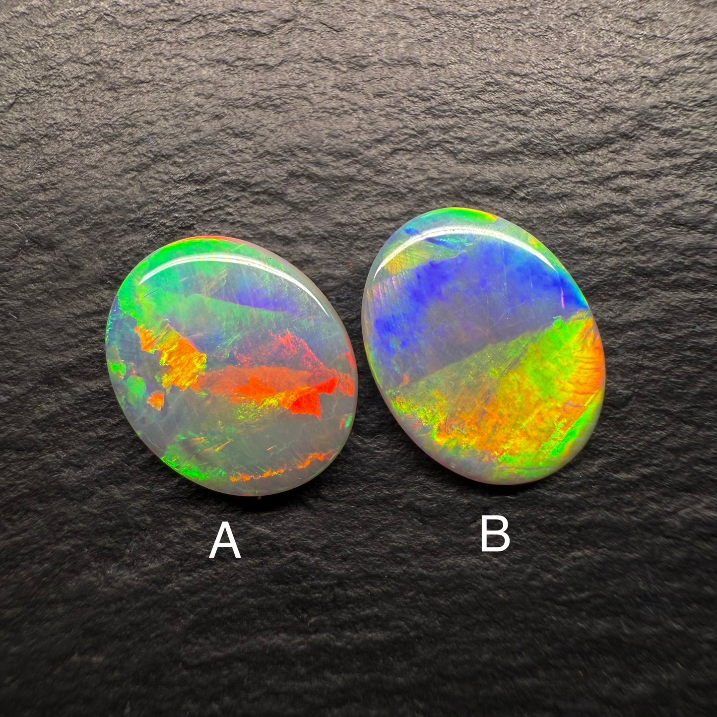 3.4ct Crystal Opal Pair, This Pair Has Blocky patterns And A Rich multicolor Palette.