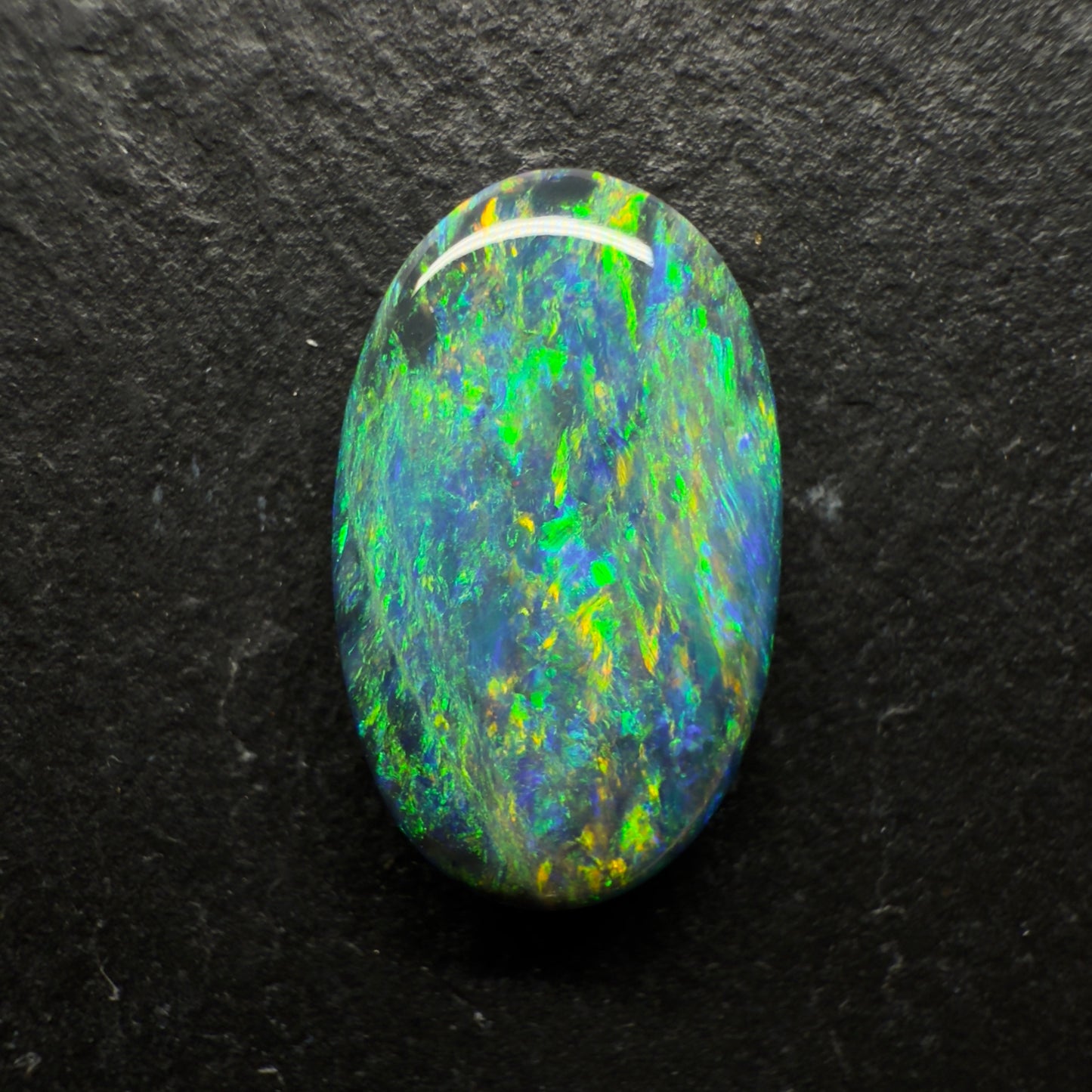 4.7ct Gem Black Opal With A Elongated Moss pattern And A Green-Gold Color Palette With Hints Of Blue