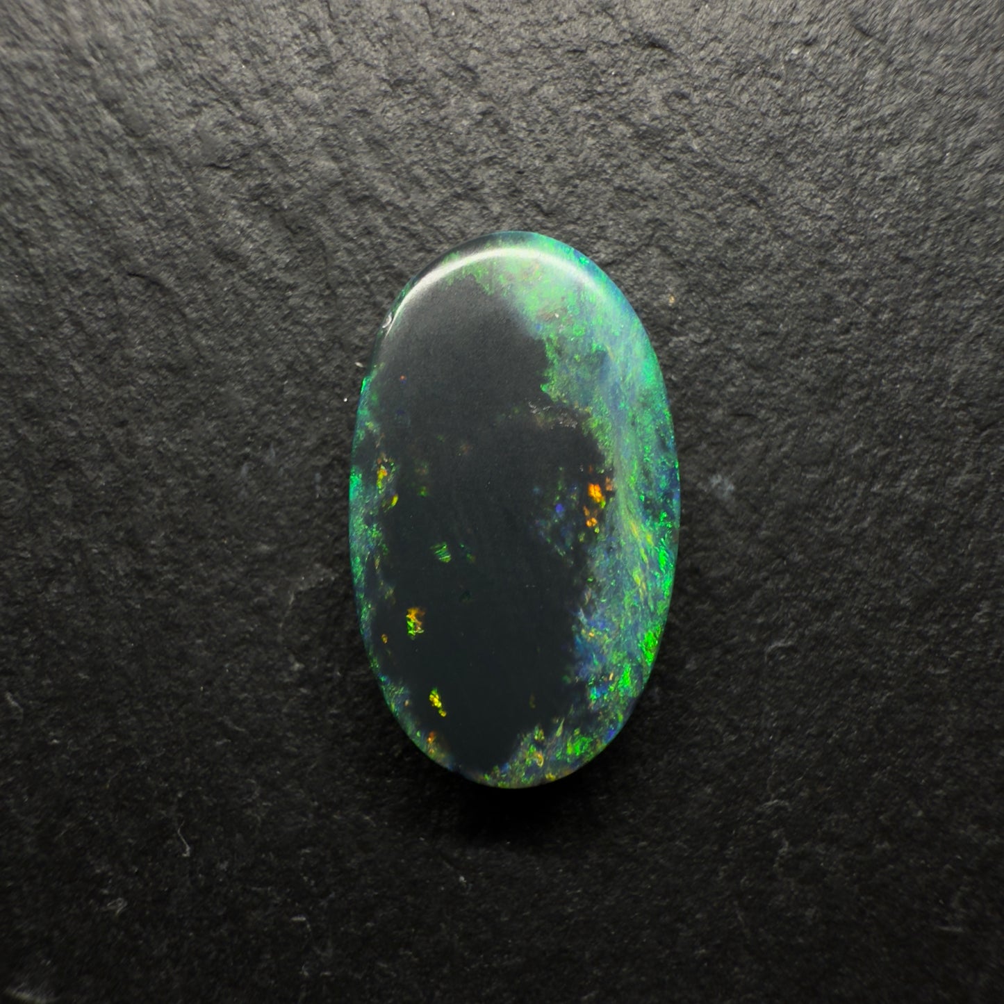 4.7ct Gem Black Opal With A Elongated Moss pattern And A Green-Gold Color Palette With Hints Of Blue