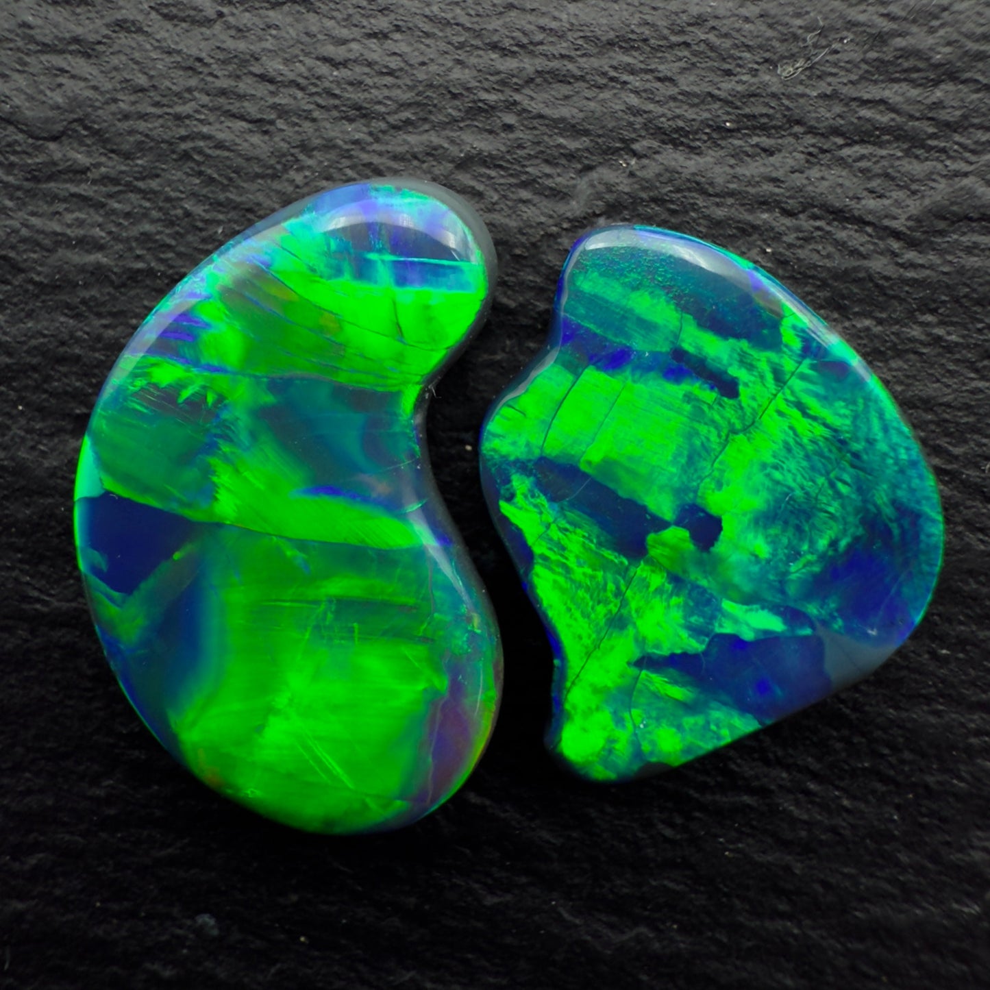 6.8ct Kintsugi Inspired Pair (Price for Pair) Black Opals Set With Vivid Green Yellow Gold Flagstone Pattern