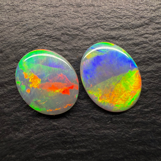 3.4ct Crystal Opal Pair, This Pair Has Blocky patterns And A Rich multicolor Palette.