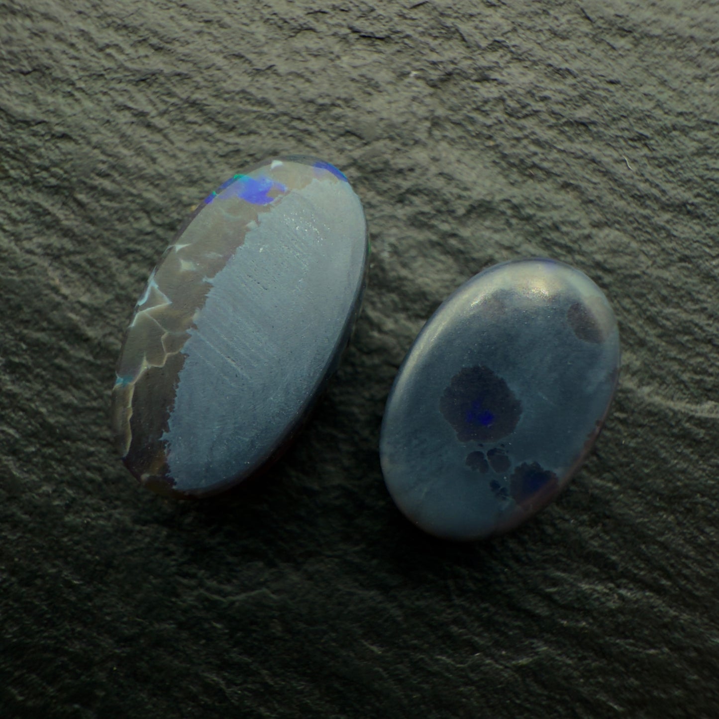 6.17ct Mismatched Pair (Price For Parcel) Black Opals With metallic Green Gold Color Play