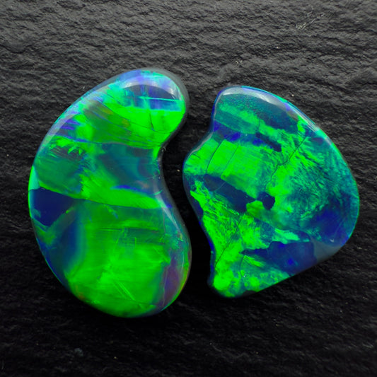 6.8ct Kintsugi Inspired Pair (Price for Pair) Black Opals Set With Vivid Green Yellow Gold Flagstone Pattern