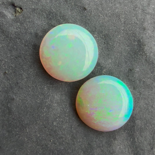 6mm Round Pair, Crystal Opals With A Green Blue Play Of Color, From Lightning Ridge Australia