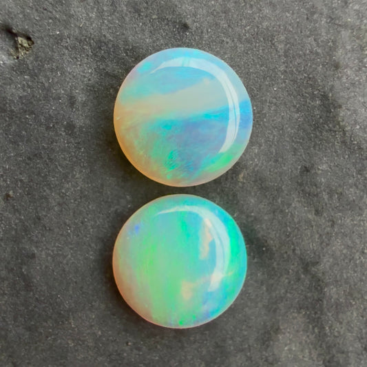 6mm Round Pair, Crystal Opals With A Green Blue Play Of Color, From Lightning Ridge Australia