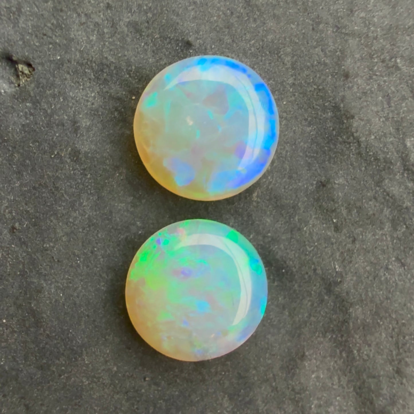 6mm Round Pair, Crystal Opals With A Green Blue Play Of Color, From Lightning Ridge Australia