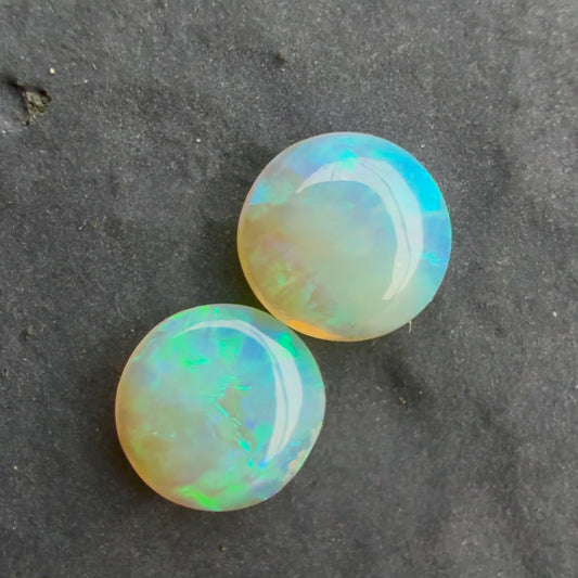 6mm Round Pair, Crystal Opals With A Green Blue Play Of Color, From Lightning Ridge Australia