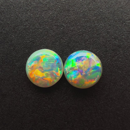 (Price For Pair) 4mm Affordable Crystal Opal Round Pair With A Red Pink Multicolor Play Of Color, From Lightning Ridge Australia