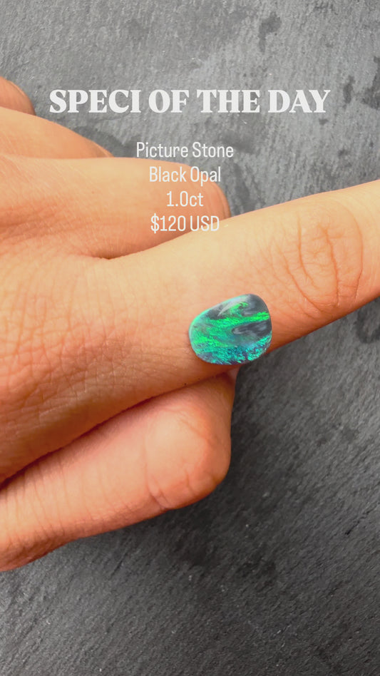 1.00 Black Opal Picture Stone With A Blue, Green Play Of Color, From Lightning Ridge Australia