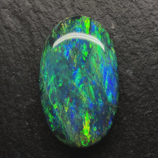 4.7ct Gem Black Opal With A Elongated Moss pattern And A Green-Gold Color Palette With Hints Of Blue