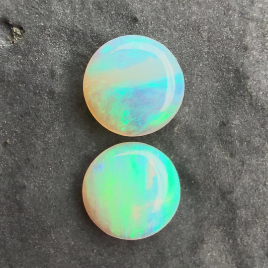 6mm Round Pair, Crystal Opals With A Green Blue Play Of Color, From Lightning Ridge Australia