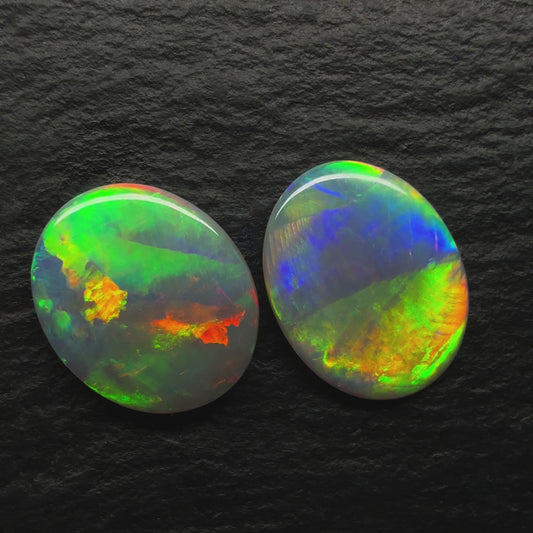 3.4ct Crystal Opal Pair, This Pair Has Blocky patterns And A Rich multicolor Palette.