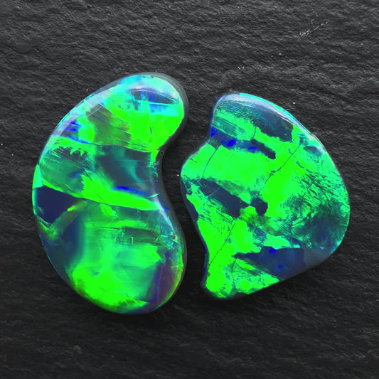 6.8ct Kintsugi Inspired Pair (Price for Pair) Black Opals Set With Vivid Green Yellow Gold Flagstone Pattern