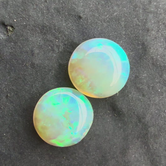 6mm Round Pair, Crystal Opals With A Green Blue Play Of Color, From Lightning Ridge Australia