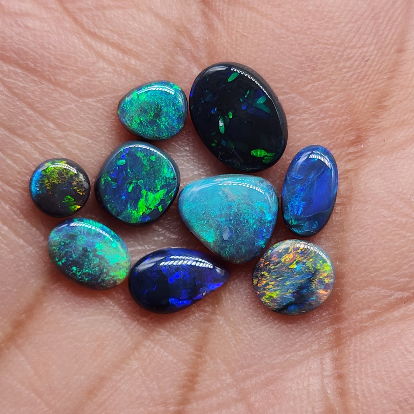 Assorted Black and Dark Opals with vivid colors, swirled with black potch giving the stones a lovely contrast and character